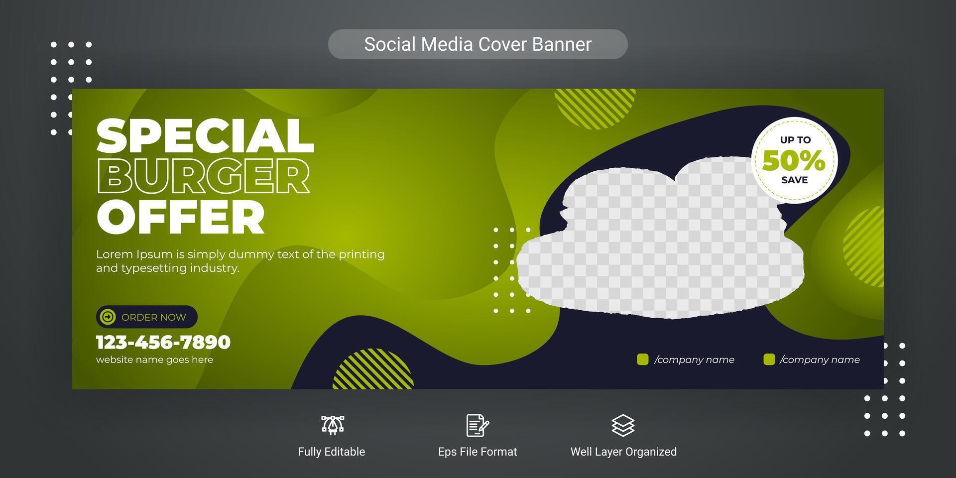 Food menu social media cover post banner template design for restaurant business marketing promotion, Burger cover banner background vector