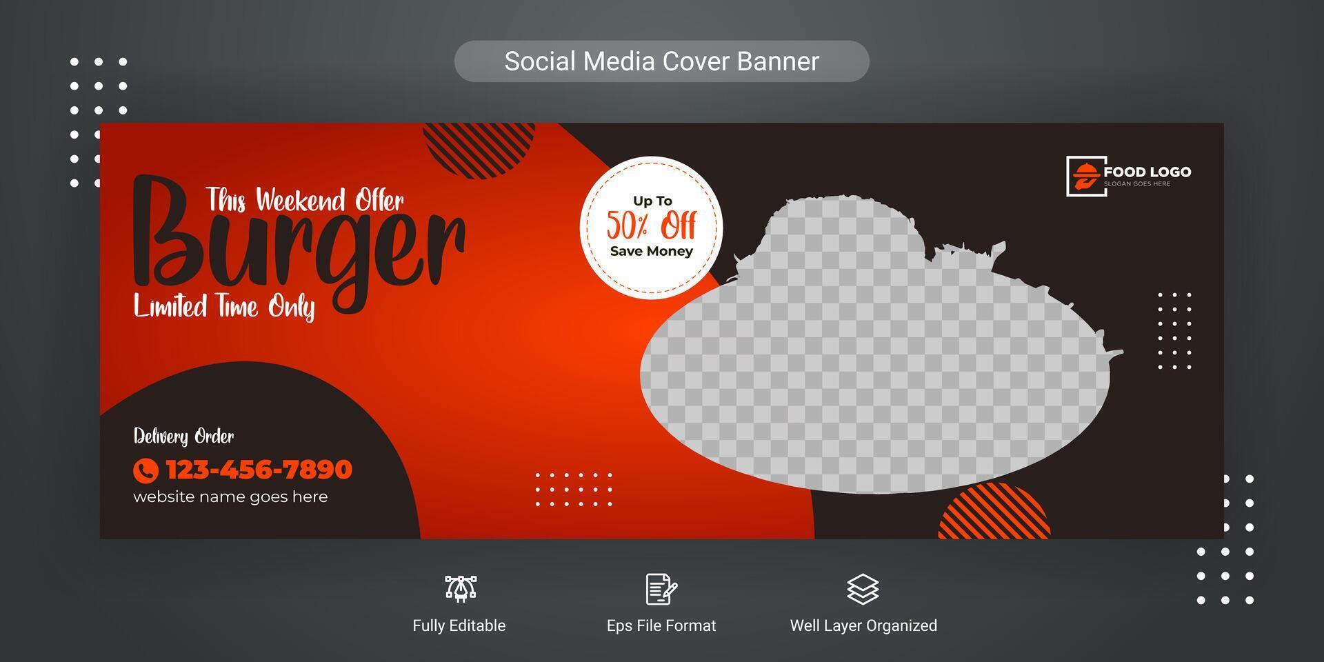 Food menu social media cover post banner template design for restaurant business marketing promotion, Burger cover banner background vector