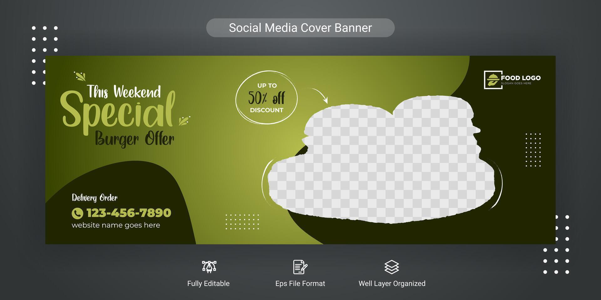 Food menu social media cover post banner template design for restaurant business marketing promotion, Burger cover banner background vector