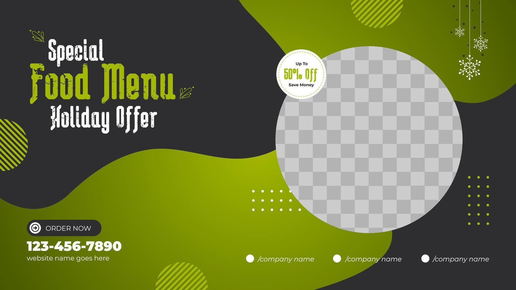 Food menu social media web banner template design for restaurant business marketing, online sale promotion thumbnail. Fast food flyer and website background. vector