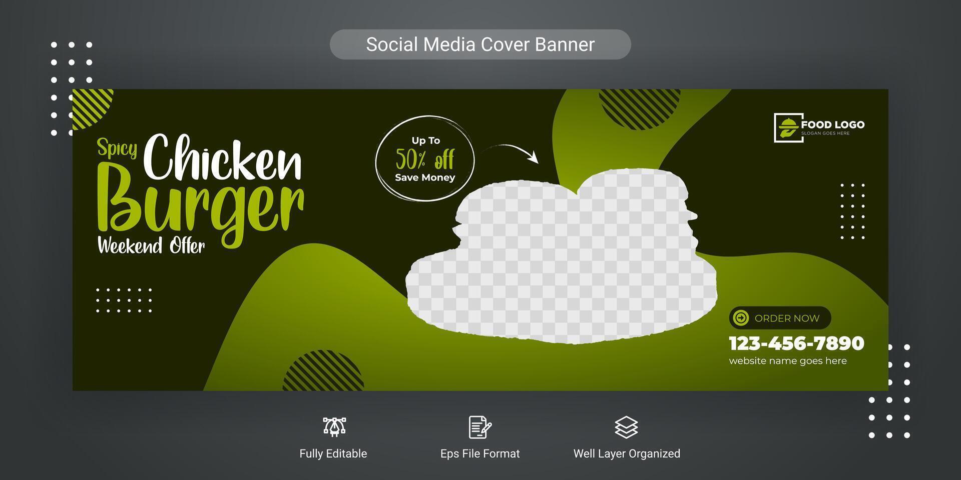 Food menu social media cover post banner template design for restaurant business marketing promotion, Burger cover banner background vector