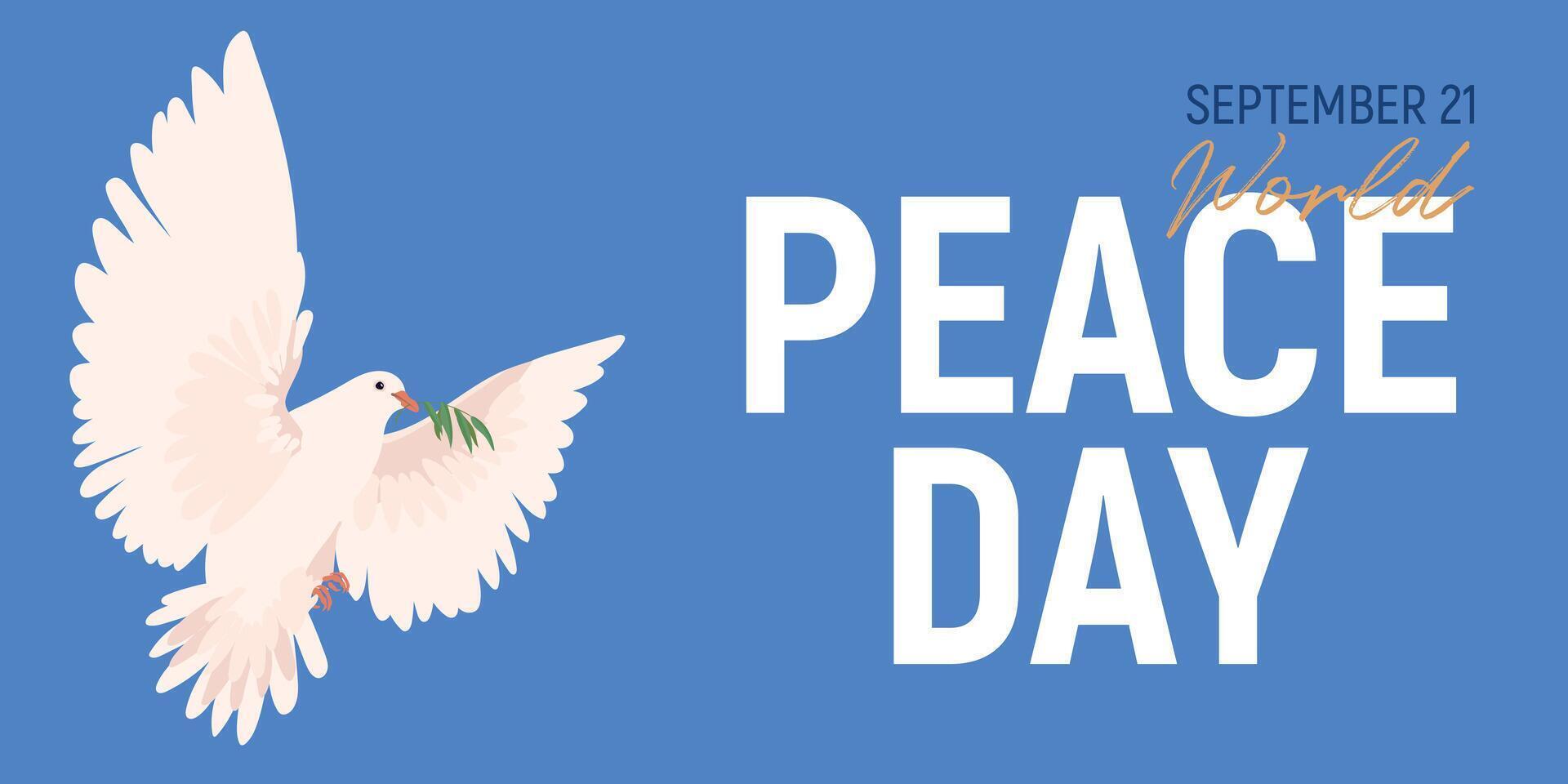 International Day of Peace. illustration. Concepts of real world peace. September 21. The world-famous symbol of consent is a white dove with an olive branch against a blue sky. vector