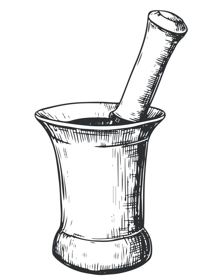 Copper mortar for grinding herbs on a white background. Hand drawn sketch. Drawing in the technique of engraving. Antique rustic kitchen utensils. Provencal crockery. vector