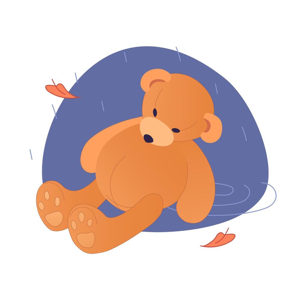 A forgotten child's toy in the rain. A symbol of loneliness, sadness and misery. The concept of a broken childhood dream. An old teddy bear lies in an autumn puddle. illustration. vector