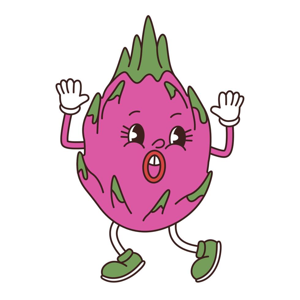 Terrified dragon fruit bounces to the side with his hands up in the air. Groovy fictional character of pitaya fruit. isolated illustartion vector
