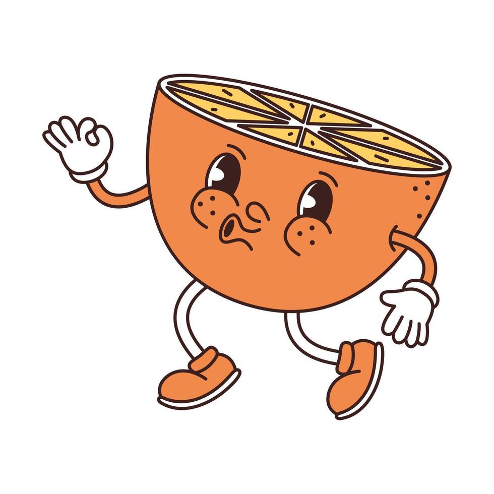 Retro groove funny fruit. Naughty anthropomorphic character orange on white background. vector