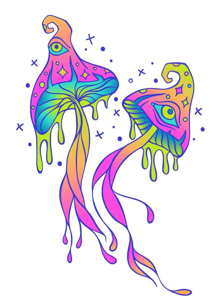 art of two psychedelic mushrooms with gradients and UV neon light effects. Psychedelic Magic Mushrooms. Decorative mushrooms, hippie, hallucination, psilocybin. 60s, 70s. vector