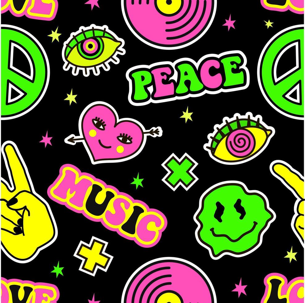 Psychedelic neon trip hipster stickers seamless pattern. Retro 70s. Hippie groovy sticker elements. Cartoon funky elements vinyl records, Peace symbols, inscriptions, acid hippy style vector
