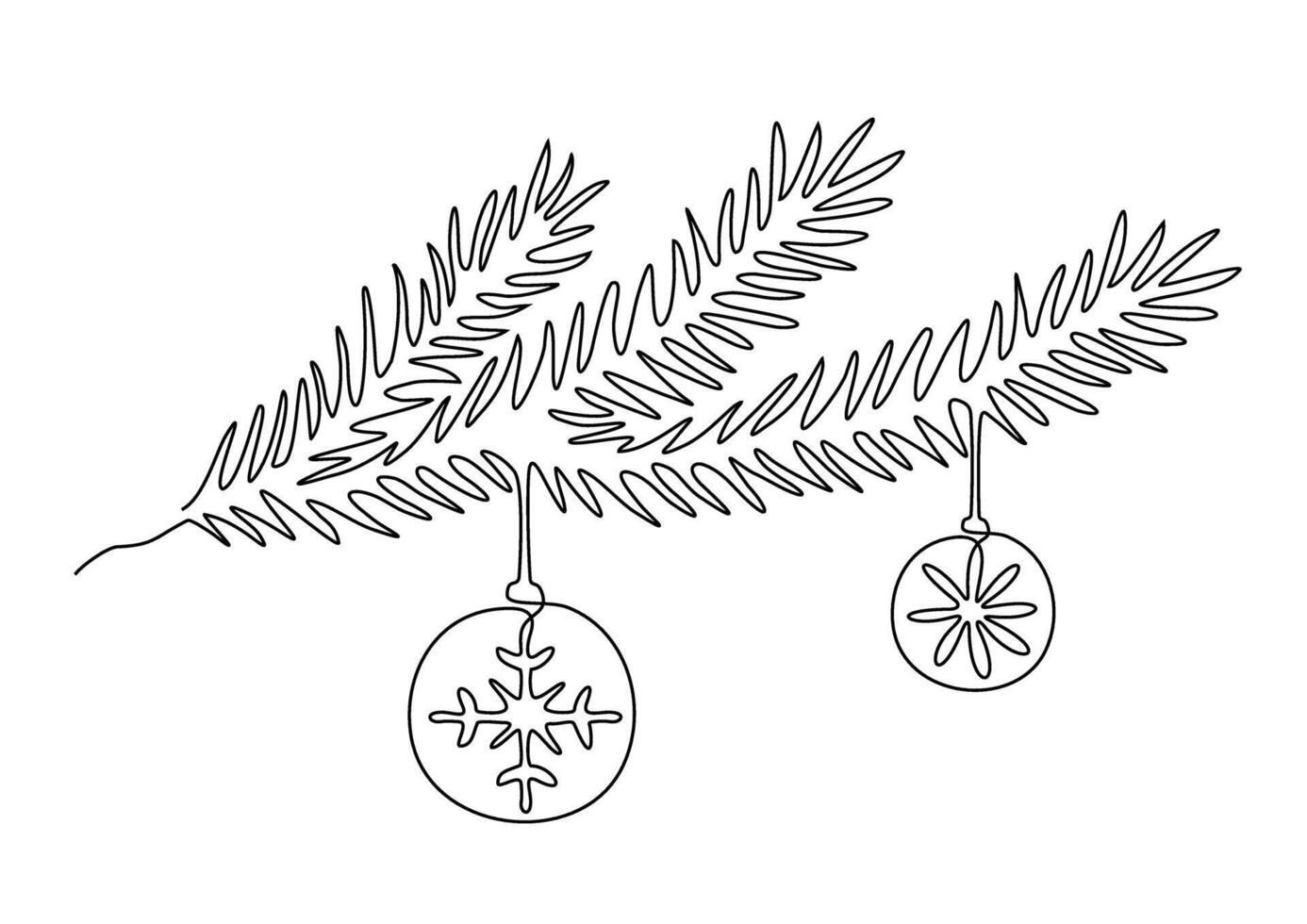 one line illustration of a fir tree branch with decorative balls. Christmas theme. New year concept, hand drawn holiday decoration silhouette for card and banner vector
