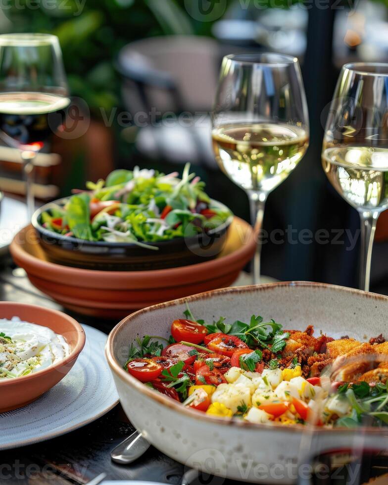 Elegant Dining Table with Food, Wine, and Salad photo