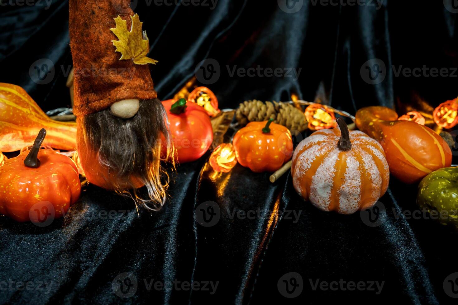Halloween decorations background. Halloween Scary pumpkin head on wooden table Halloween holiday concept photo