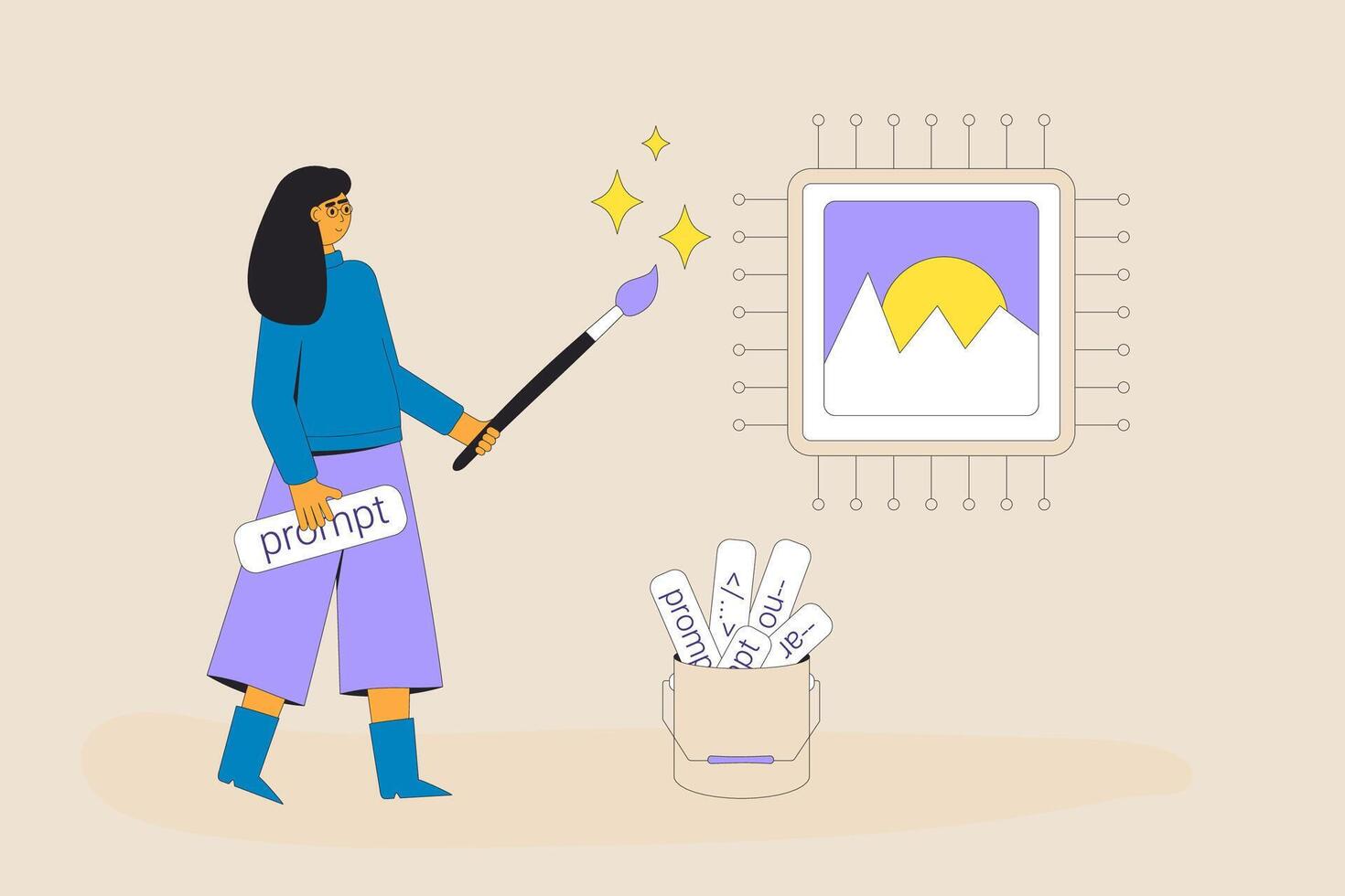 Artificial general intelligence helps to designer to create an image metaphor. illustration. vector