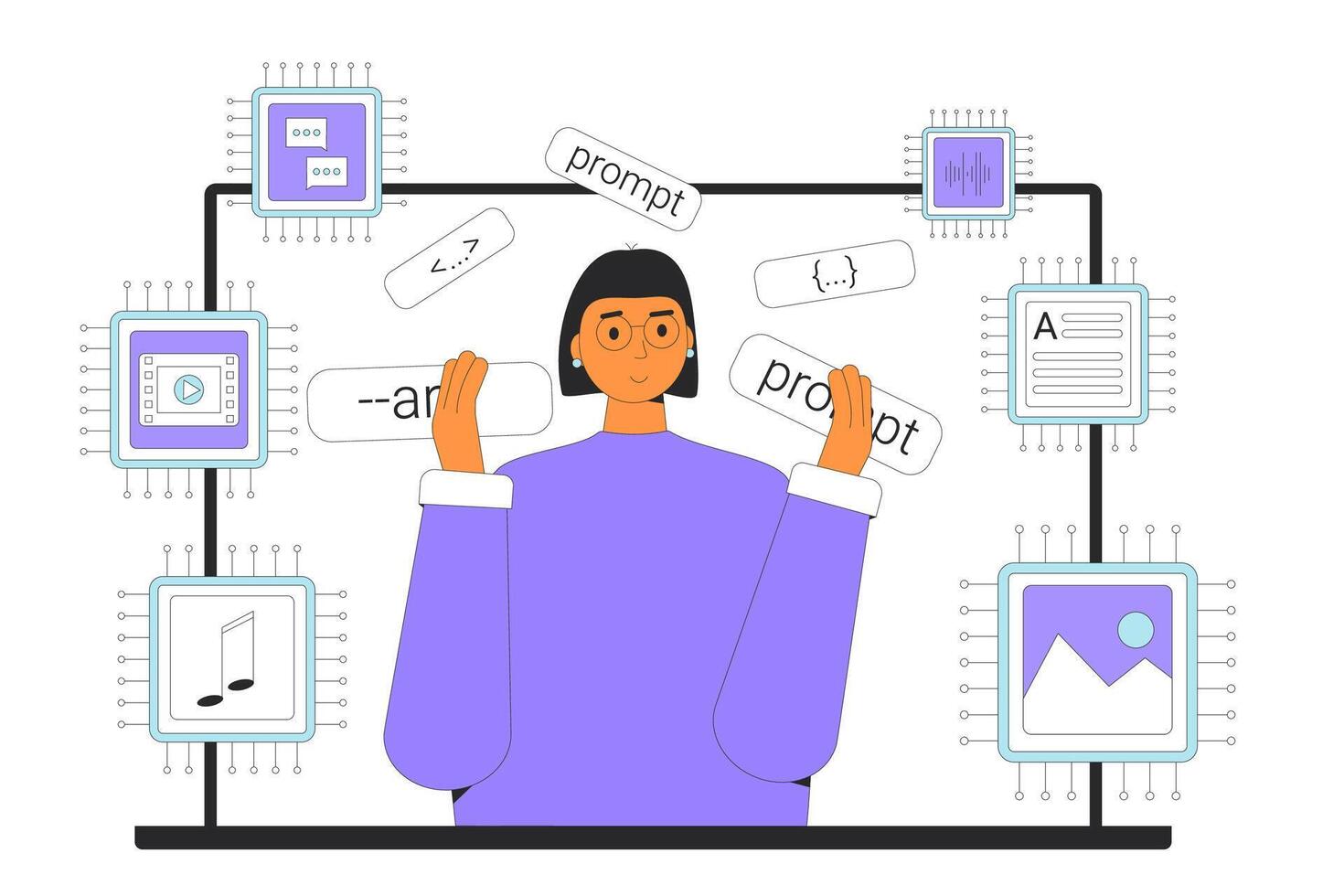 Crafting precise instructions or queries that guide AI models to generate text, visual, audio and content. vector