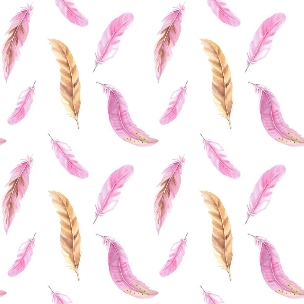 Pink and beige Feathers Watercolor seamless pattern on white background. Hand drawn illustration. Can be used for fabric, textile and packaging prints. vector