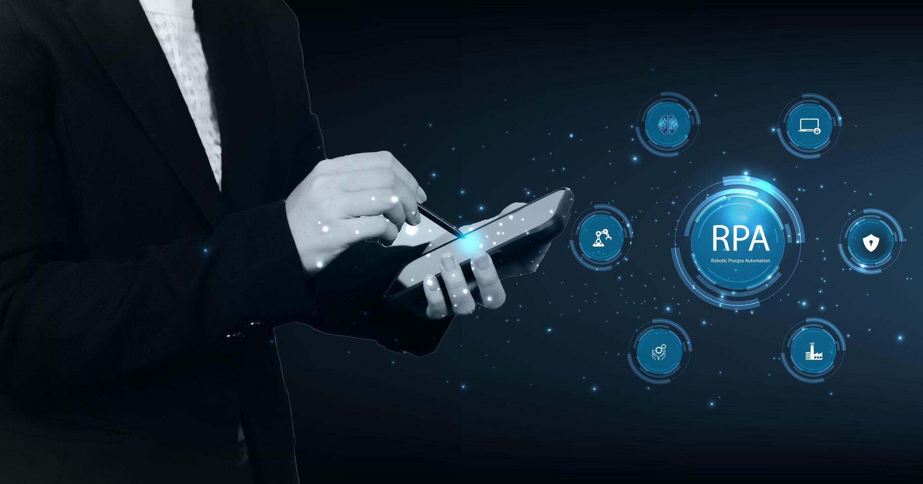 Robotic process automation RPA concept. Business machines technology with support factory service provider industry 4.0 with precision machines for more efficient productivity. photo