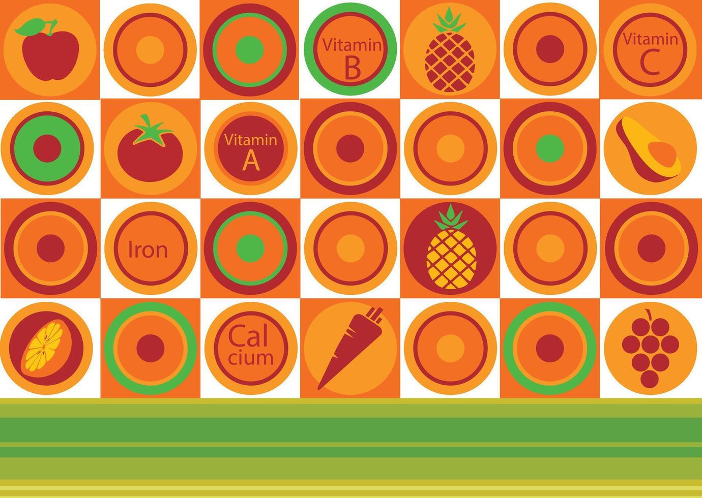 A vibrant and colorful illustration featuring a grid pattern with various fruits and essential nutrients vector