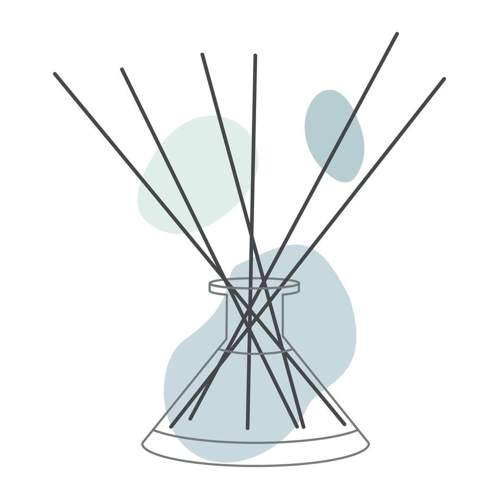 Line icon of Aromatherapy Diffuser, simple Silhouette with Abstract color Shapes for spa Salon. Essential oil shop linear logo. Hand drawn Outline Freshener with Bamboo sticks isolated on white vector