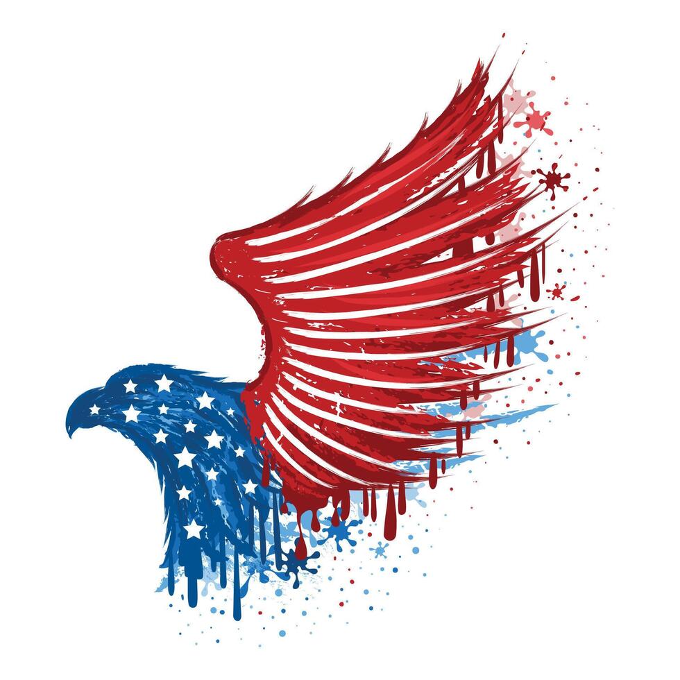 Celebrate Independence Day with this vibrant 4th of July illustration Featuring a bald eagle, American flags, Statue of Liberty, and fireworks vector