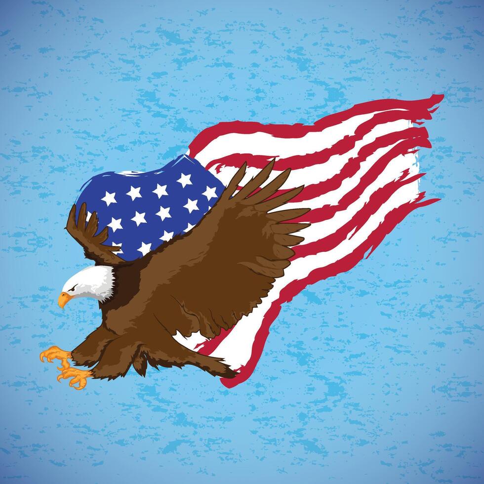 Celebrate Independence Day with this vibrant 4th of July illustration Featuring a bald eagle, American flags, Statue of Liberty, and fireworks vector