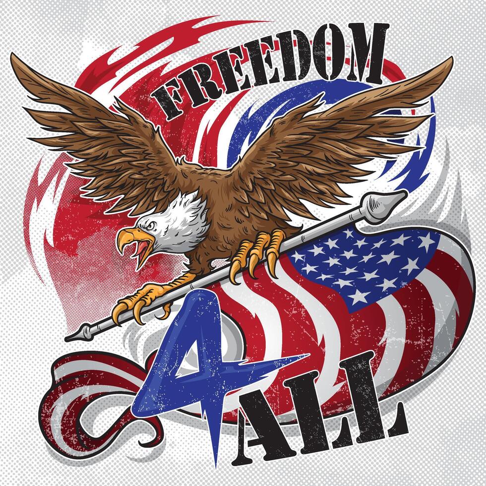 Celebrate Independence Day with this vibrant 4th of July illustration Featuring a bald eagle, American flags, Statue of Liberty, and fireworks vector
