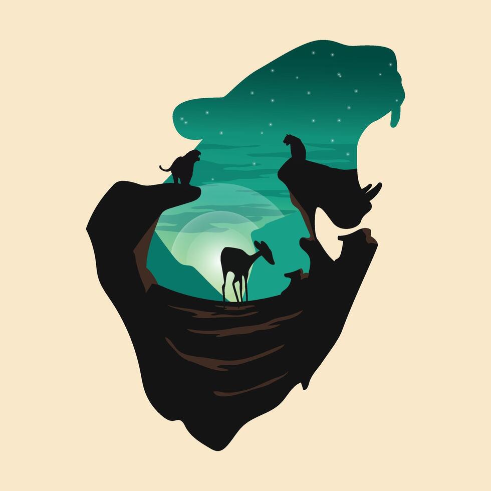 Jungle and deer silhouette on the moon and tiger manipulation background. Symbol of night and wildlife. vector