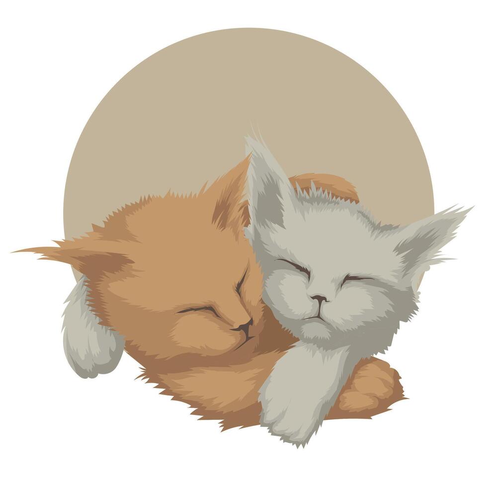 Cat love. Cat couple hugging, cuddling and kissing. Two cute cat kittens in love holding red heart on Valentines Day vector