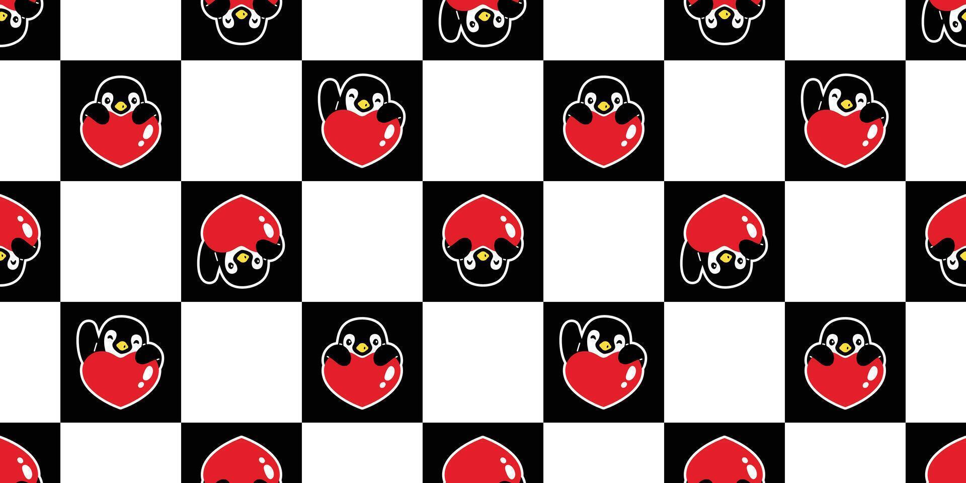 penguin seamless pattern heart valentine bird duck checked cartoon repeat wallpaper tile background gift wrapping paper illustration design scarf isolated vector