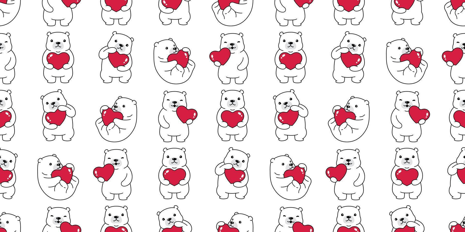 bear seamless pattern polar heart valentine teddy cartoon tile background repeat wallpaper doodle illustration pet animal design scarf isolated vector