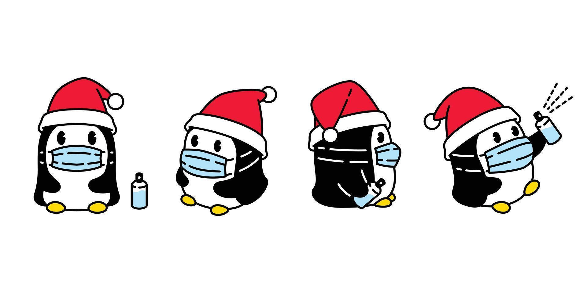 penguin icon christmas santa claus hat covid-19 face mask bird logo cartoon character alcohol illustration symbol graphic doodle design vector
