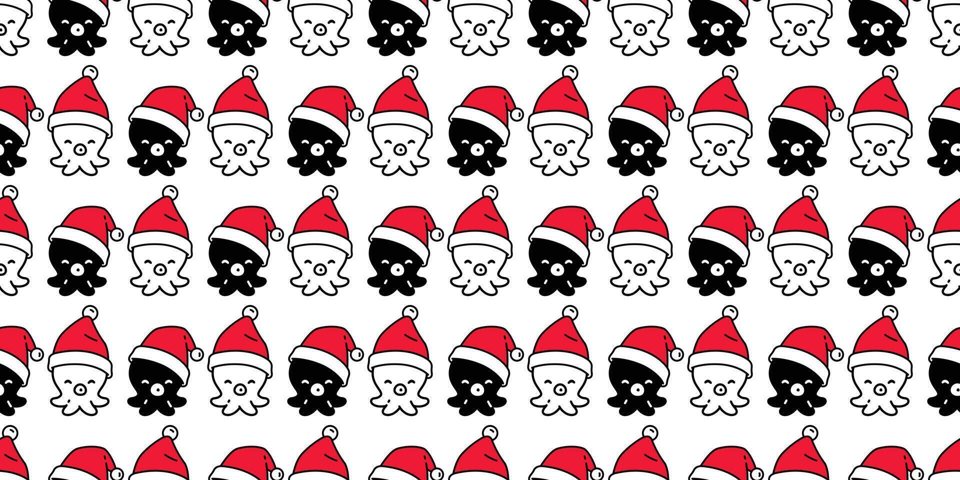 octopus Seamless pattern christmas santa claus hat fish squid salmon tuna shark dolphin doodle icon cartoon ocean sea pet animal tile background repeat wallpaper scarf isolated illustration doo vector