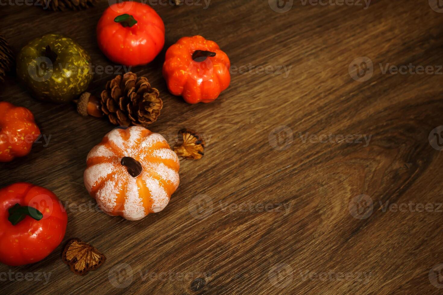 Halloween decorations background. Halloween Scary pumpkin head on wooden table Halloween holiday concept photo