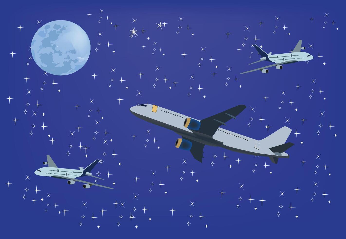 Three airplanes flying in night sky with moon and stars illustration vector