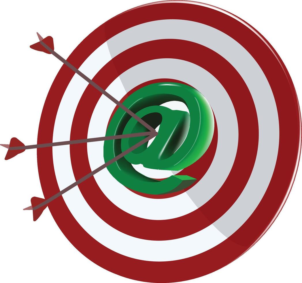 Three arrows hitting the center of a target with an at symbol vector