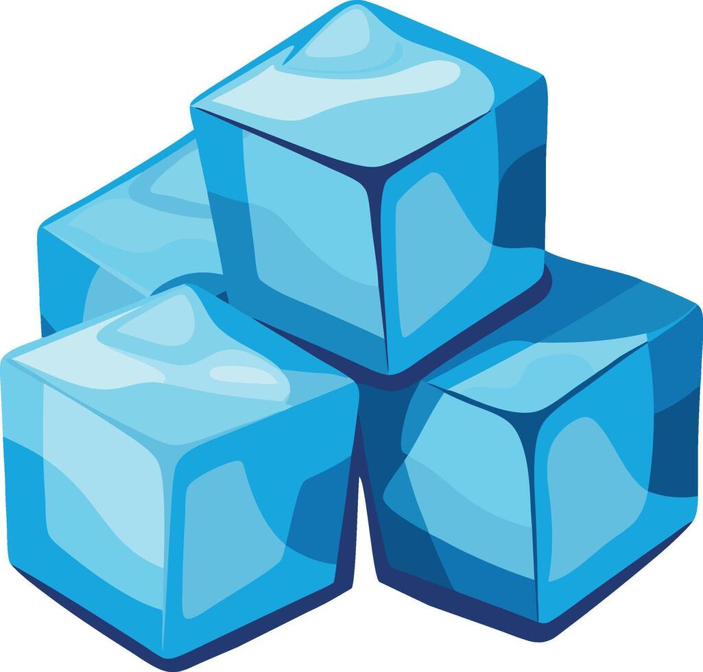 Four shiny translucent ice cubes piling up on white background vector