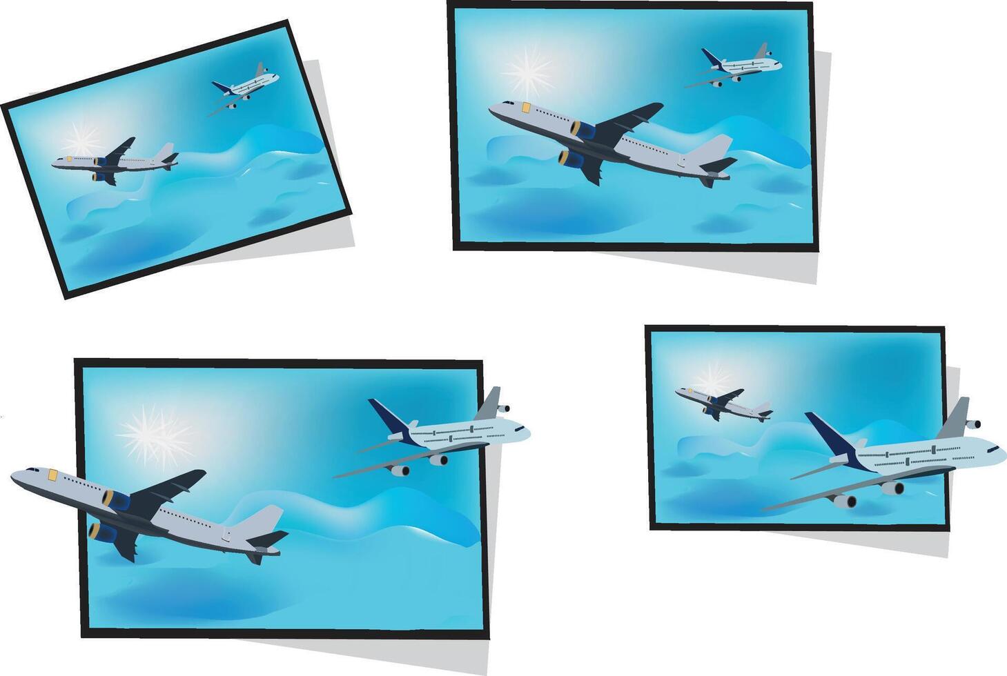 Set of five modern airplane flying in blue sky illustration vector