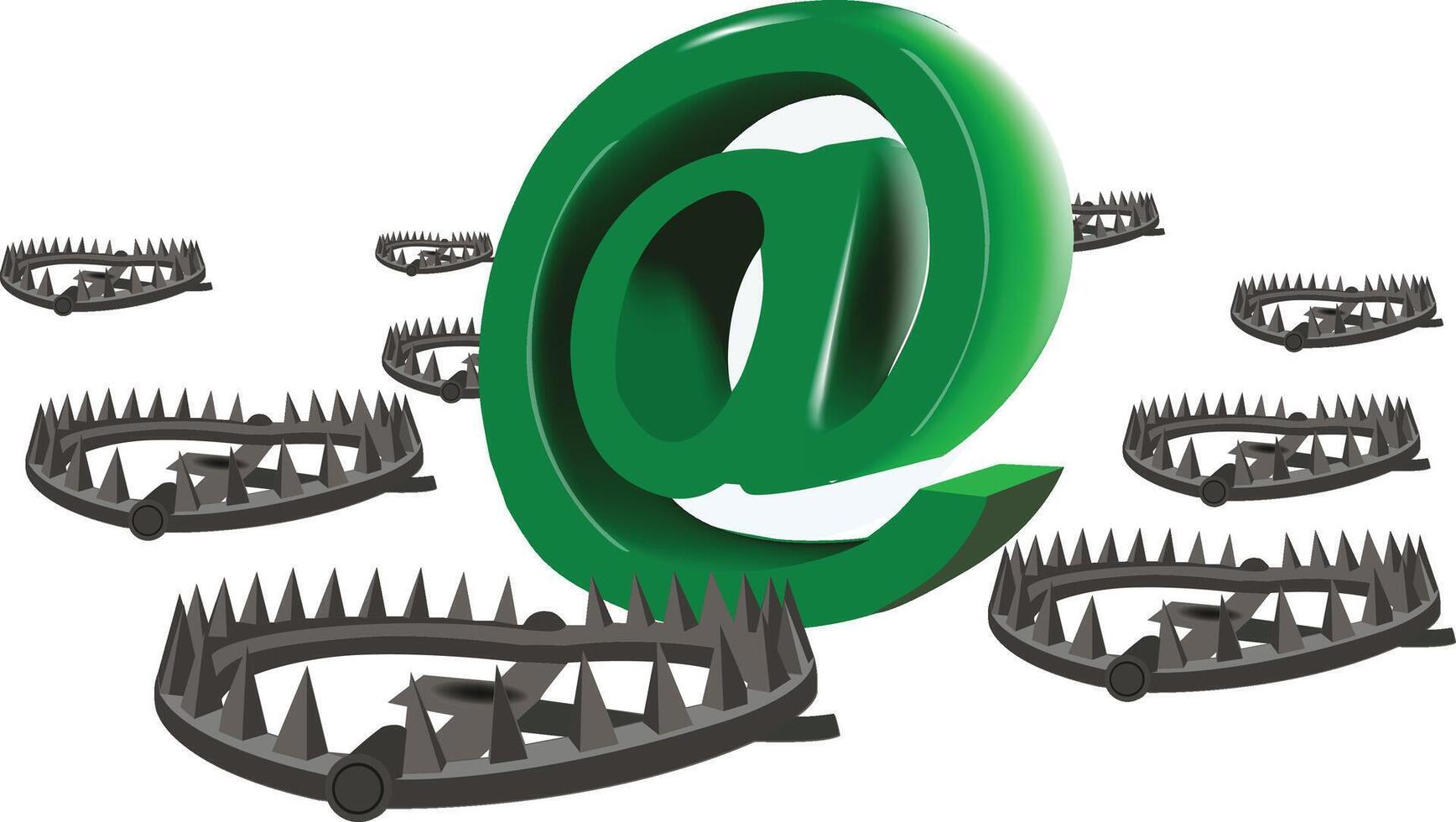 Green at symbol surrounded by bear traps representing internet security risks vector