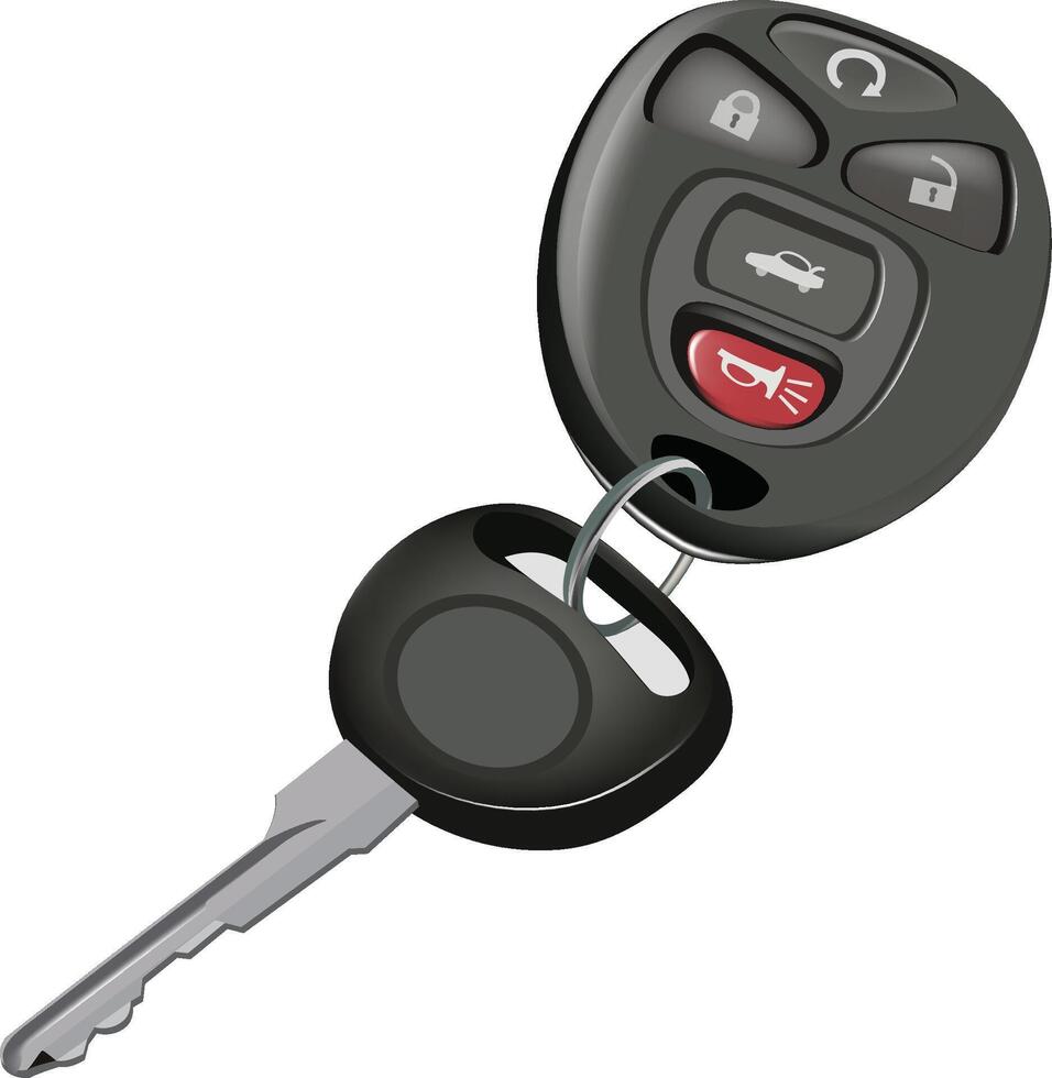 Car key with remote control fob hanging on metal ring vector