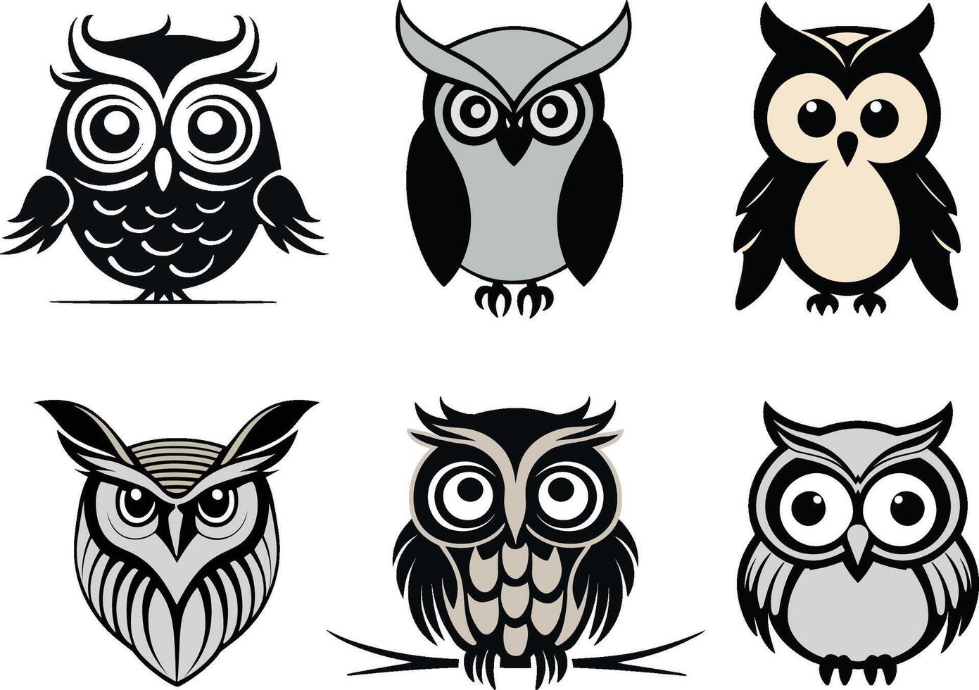 A set of silhouette illustrations of cute owls, nocturnal bird silhouettes facing forward vector