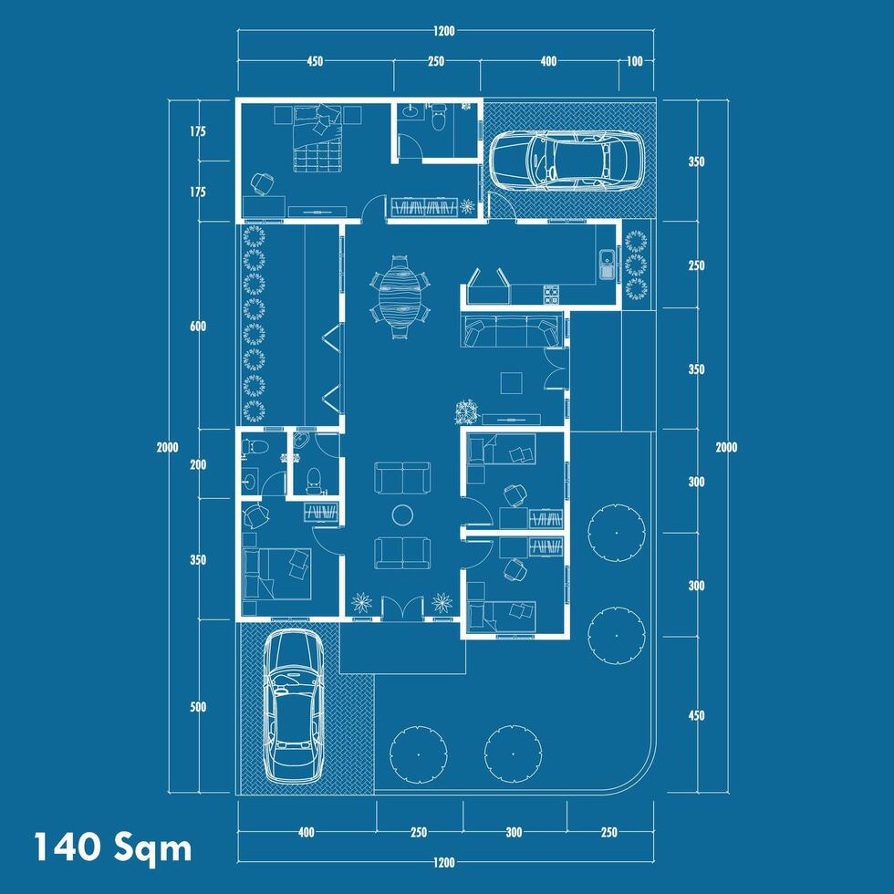 Floor plan blueprint type 140 sqm, Figure of the jotting sketch of the construction and the industrial skeleton of the structure and dimensions. eps 10 vector