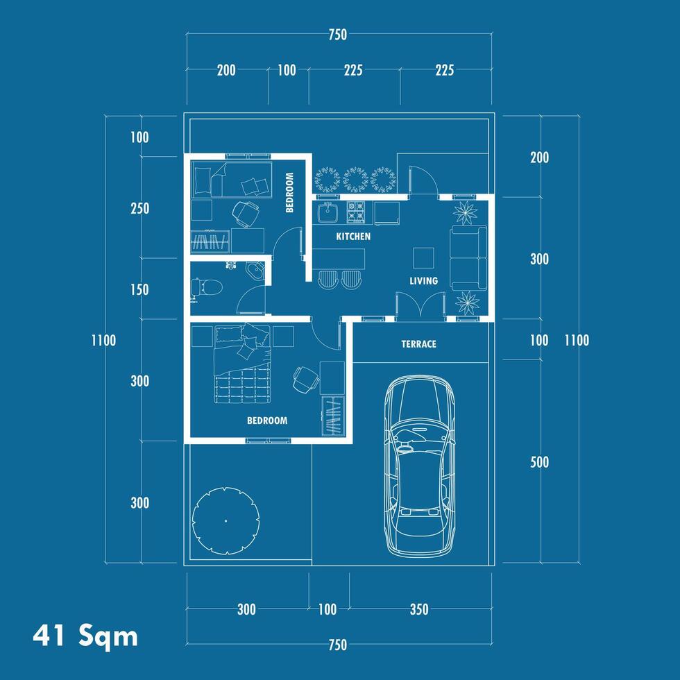 Floor plan blueprint type 41 sqm, Figure of the jotting sketch of the construction and the industrial skeleton of the structure and dimensions. eps 10 vector