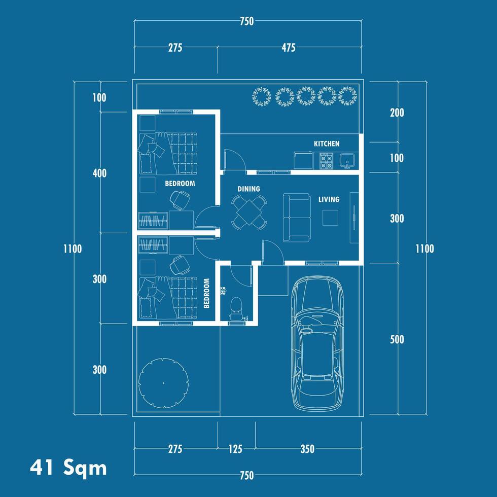 Floor plan blueprint type 41 sqm, Figure of the jotting sketch of the construction and the industrial skeleton of the structure and dimensions. eps 10 vector