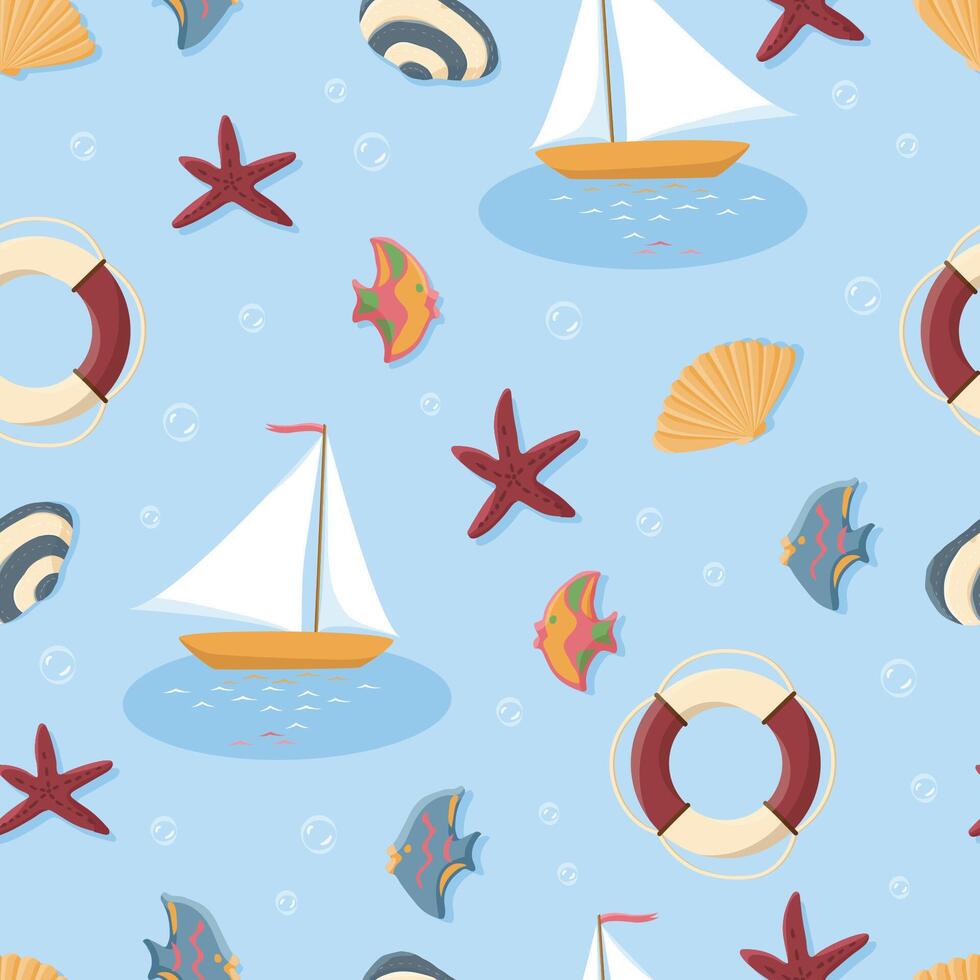 Seamless pattern with sailboat, lifebuoy and marine life. Illustration in flat style vector