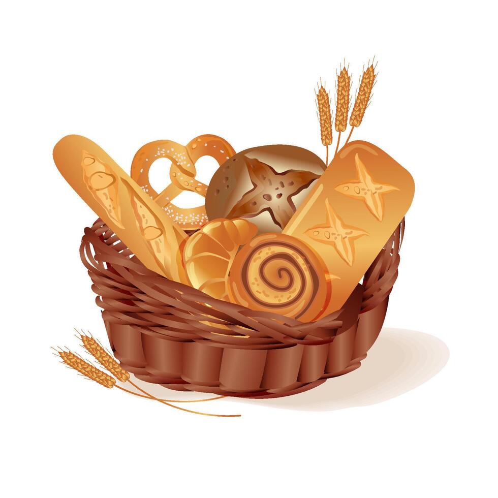 Basket with bread. Pretzels, buns, baguette, ciabatta, croissant. Fresh bread from the bakery. vector