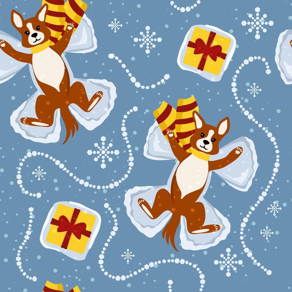 Happy Christmas seamless pattern. Corgi dog lies on the snow in a scarf and makes a snow angel. vector