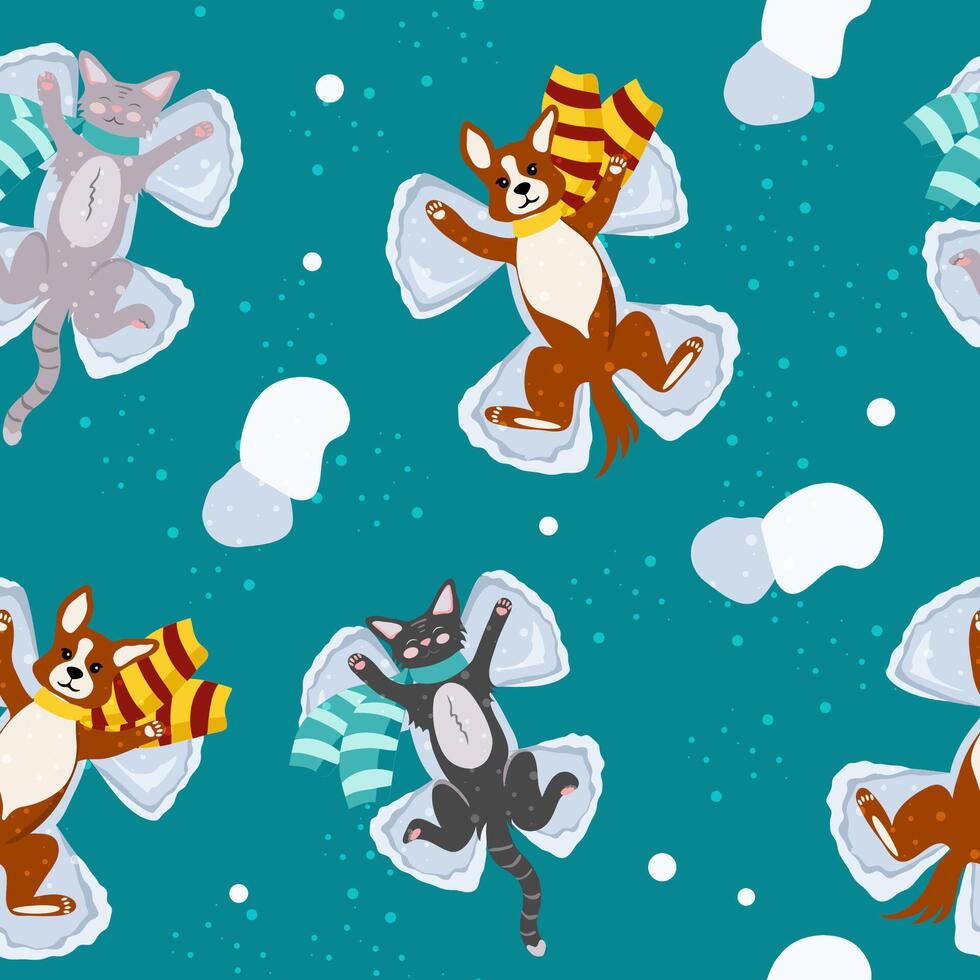 Happy Christmas seamless pattern on turquoise background. Corgi dogs and cats lie on the snow in a scarf and makes a snow angels. vector