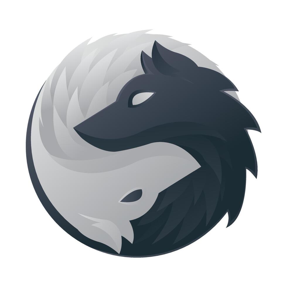 hand drawn illustration artwork two wolf heads forming yin and yang, wolf logo vector