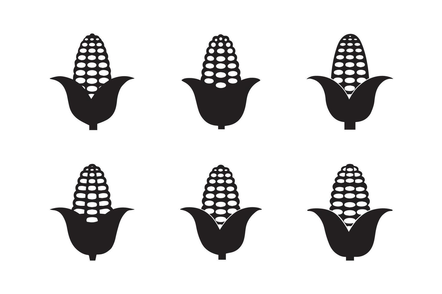 corn icon set black illustration. corn silhouette logos, emblems, badges and labels. Isolated on white background vector