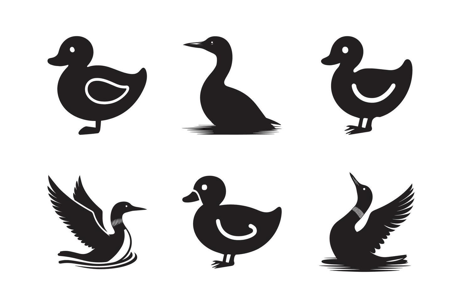 Silhouettes of Duck isolated on a white background. Set of different loon silhouettes vector