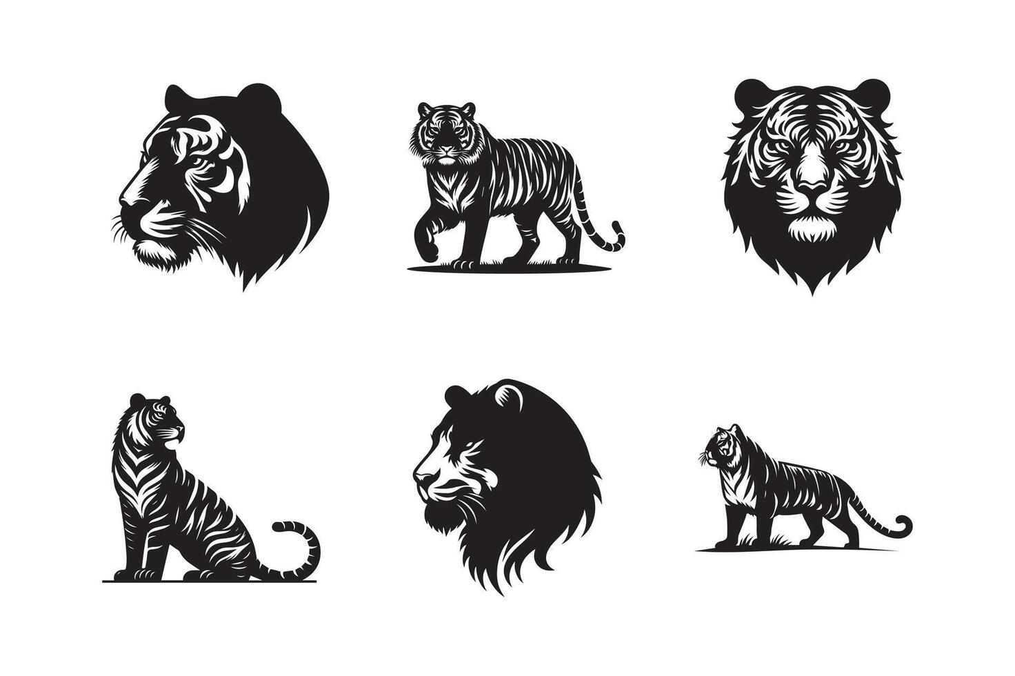 Black tiger illustration. Set tiger silhouette logos, face for logos, emblems, badges and labels. Isolated on white background vector