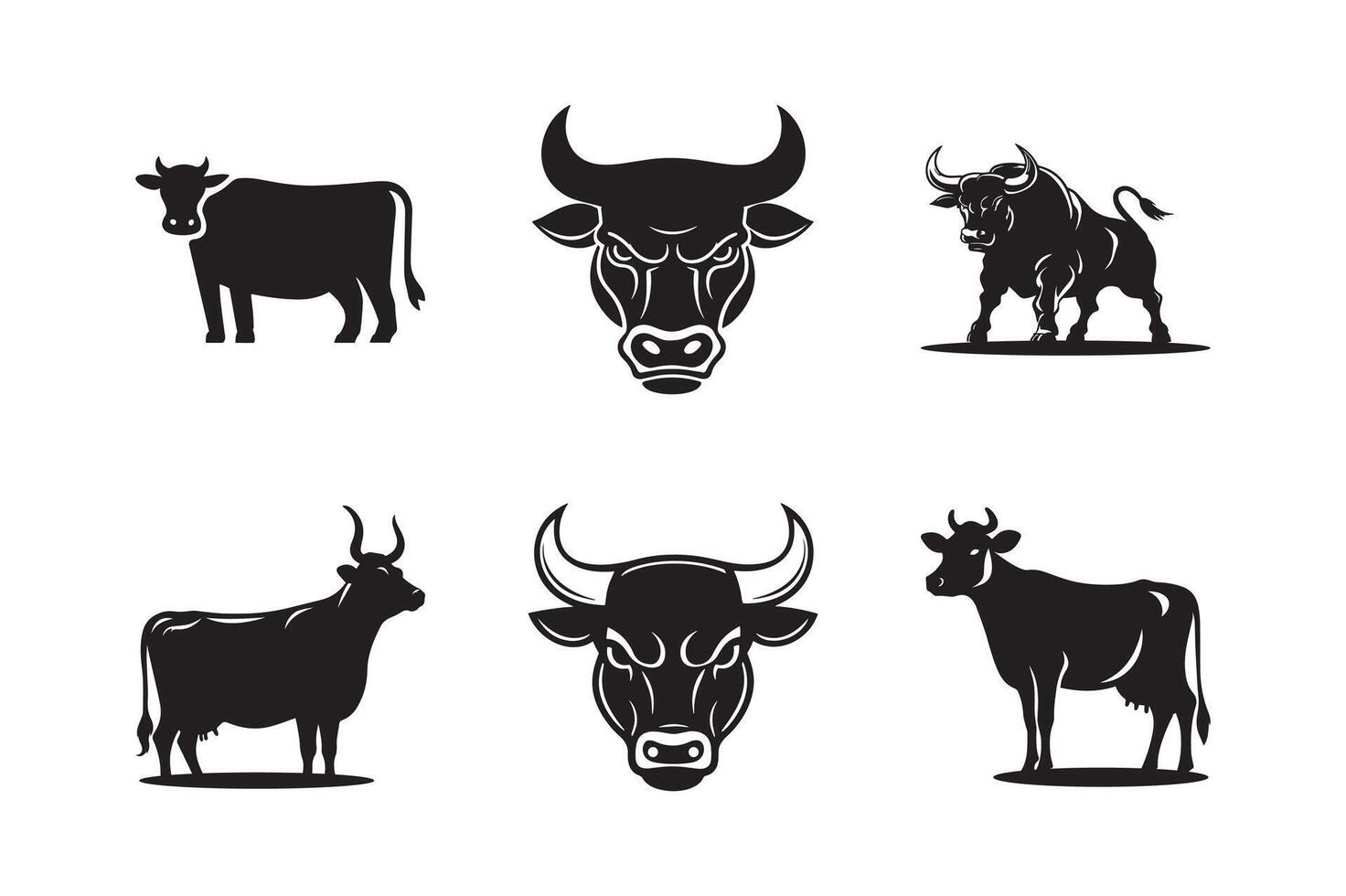 Bull set. Silhouettes of standing in different poses and butting up bulls. Isolated on white background vector